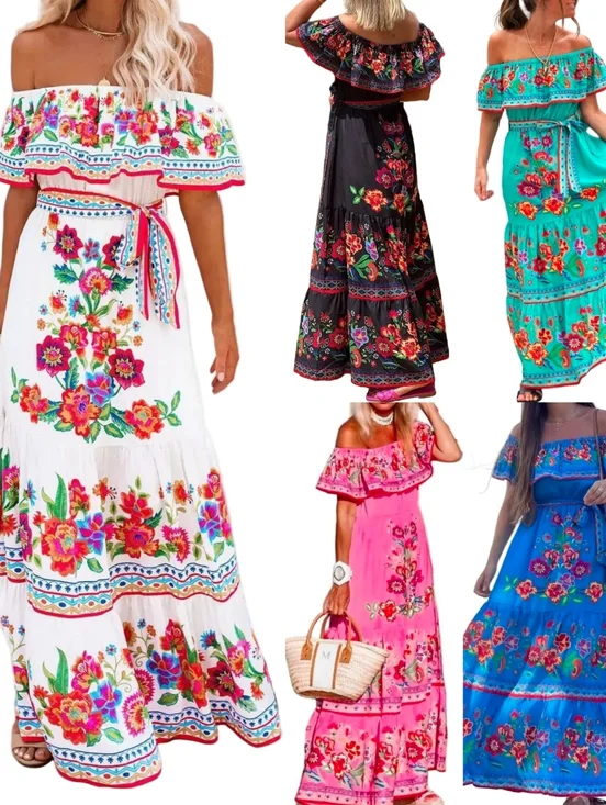 Floral Ruffle Off Shoulder Belted Elastic Waist Retro 70s Tiered Boho Maxi Dress - Picture 7 of 8